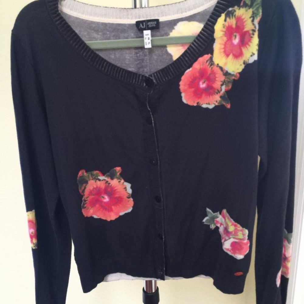 Armani Jeans (AJ)-Cropped Floral Cardigan Sweater